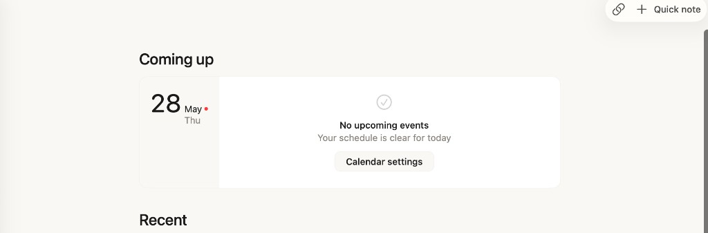 Clipper Home view with Coming up calendar section
