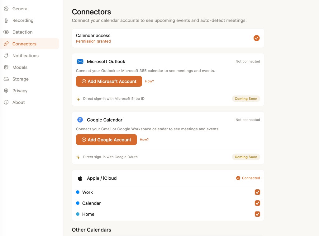 Clipper Settings Connectors tab with calendar accounts